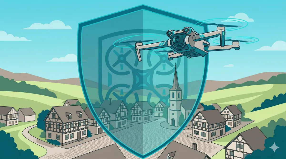 Drohne fliegt über deutsches Dorf, geschützt durch ein Versicherungs-Shield